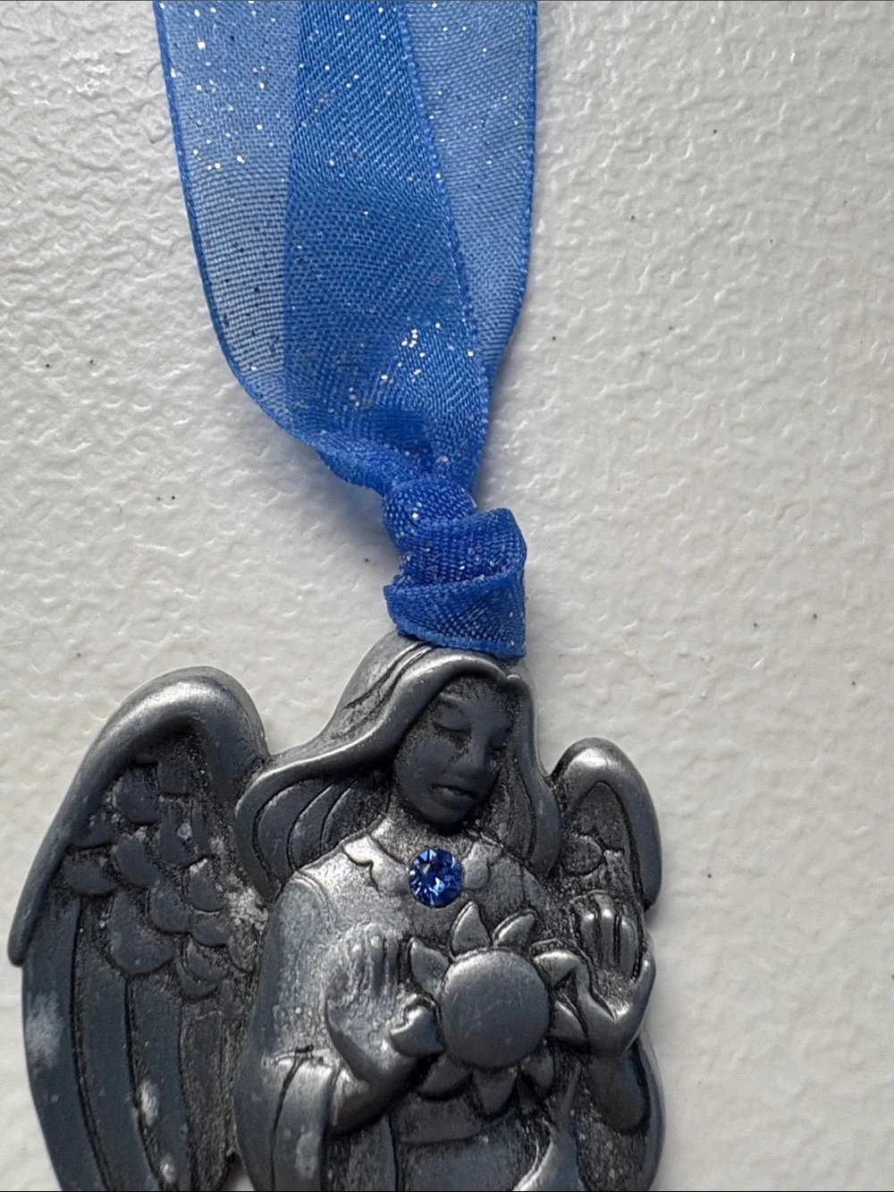 Vintage Silver Angel Ornament with Blue Ribbon and Glitter Accents